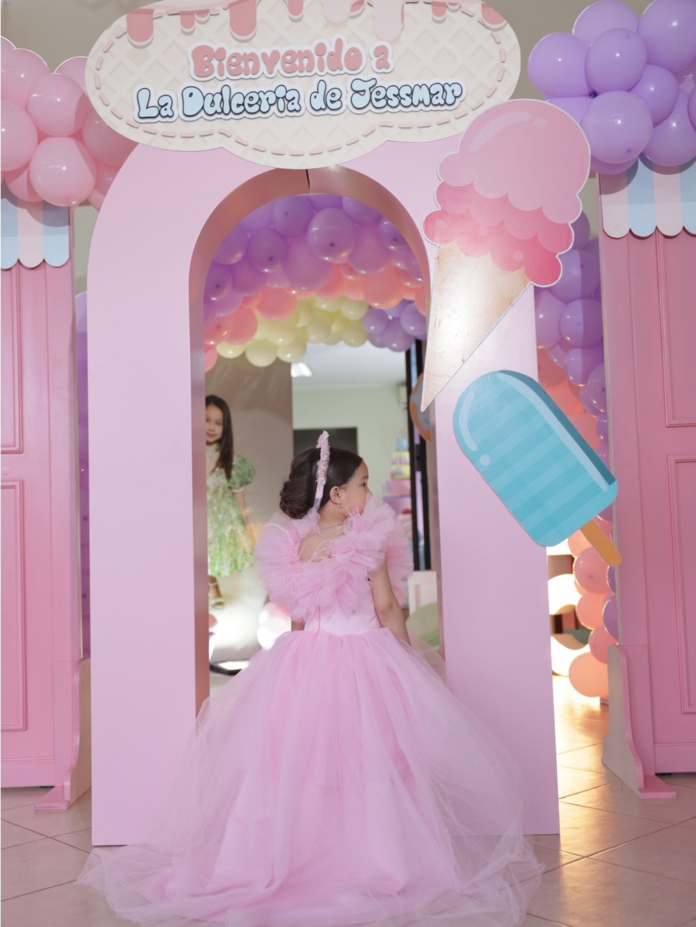 Girls Pink Tulle Formal Dress with Ruffle Shoulders